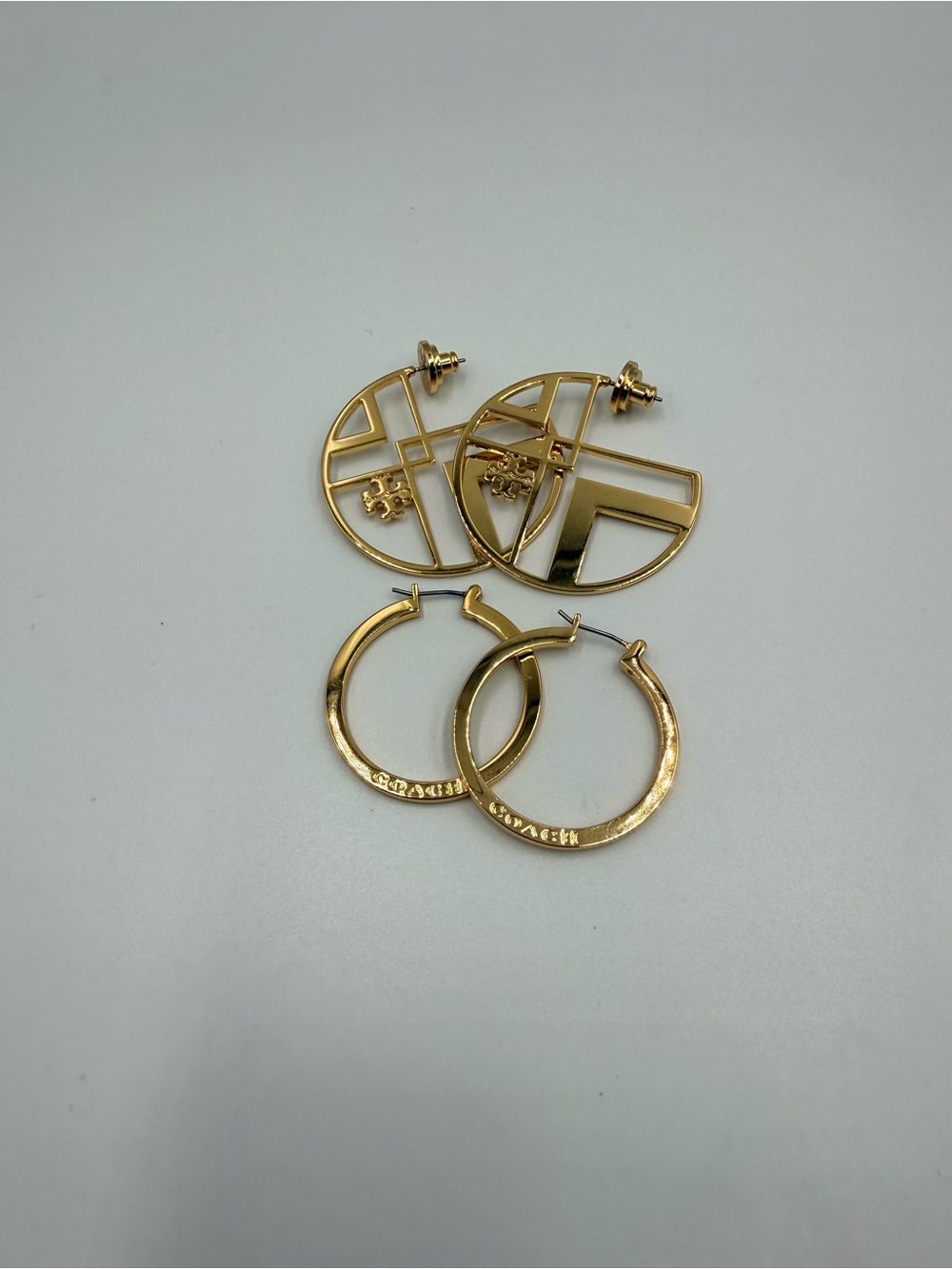 Authentic Tory Burch & Coach Gold Hoop Earrings Set Designer Bundle Duo